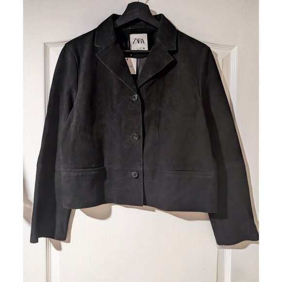 NEW Zara | Suede Leather Button-down Blazer In Black - Picture 2 of 15
